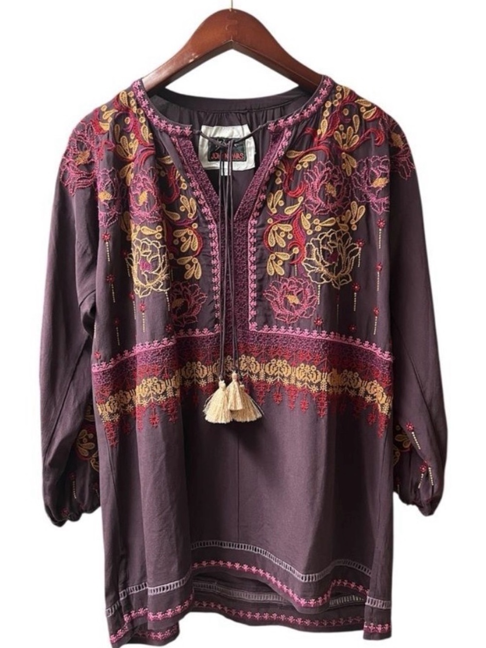 Johnny Was BIYA Peyton Silk Embroidered Boho Tunic Currant S